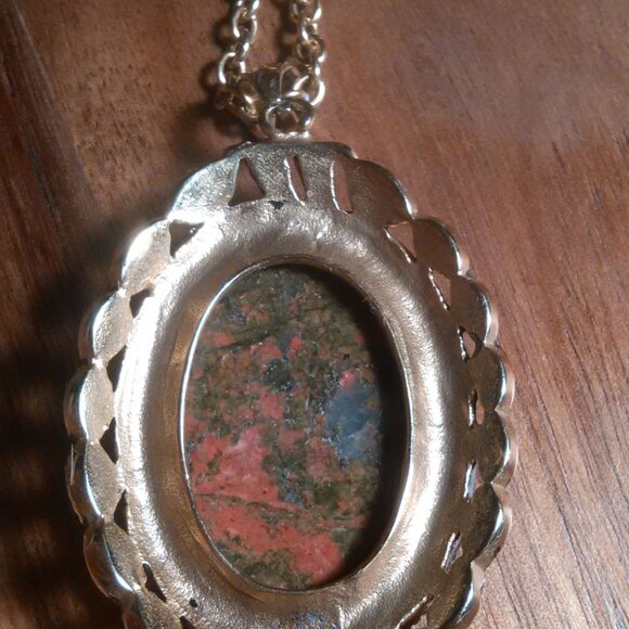 Unakite and Marcasite Goldtone Pendant Necklace - Picture 6 of 15